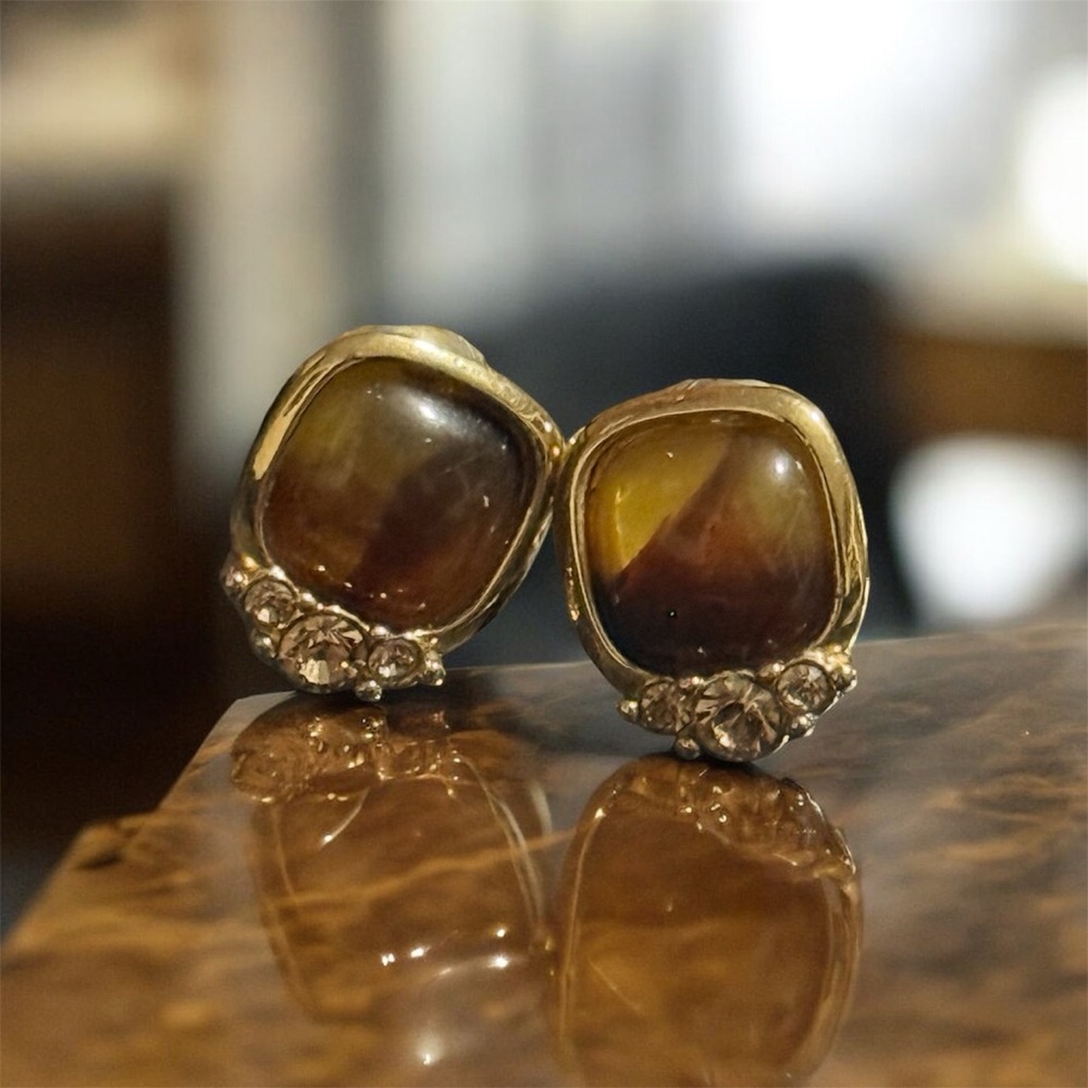 Elegant Gold and Brown Stud Earrings Vintage Tigers Eye Style